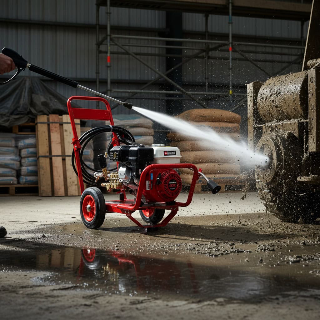 Petrol Pressure Washer Hire London | Heavy Duty 2450 PSI Jet Wash — No Mains Power Needed 6 Petrol pressure washer hire in action on a construction site spraying high-pressure water for heavy duty cleaning