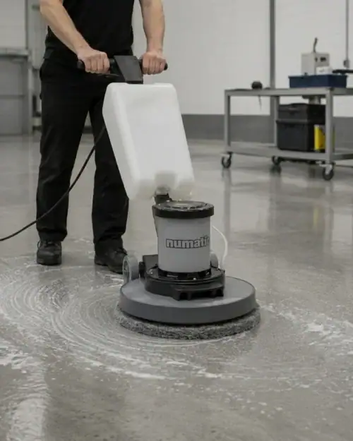 Rotary Floor Scrubber and Buffer Hire London | 240V Floor Polisher (RCD Included) 26 Hireload rotary floor scrubber hire being used on commercial carpet in a London office building.