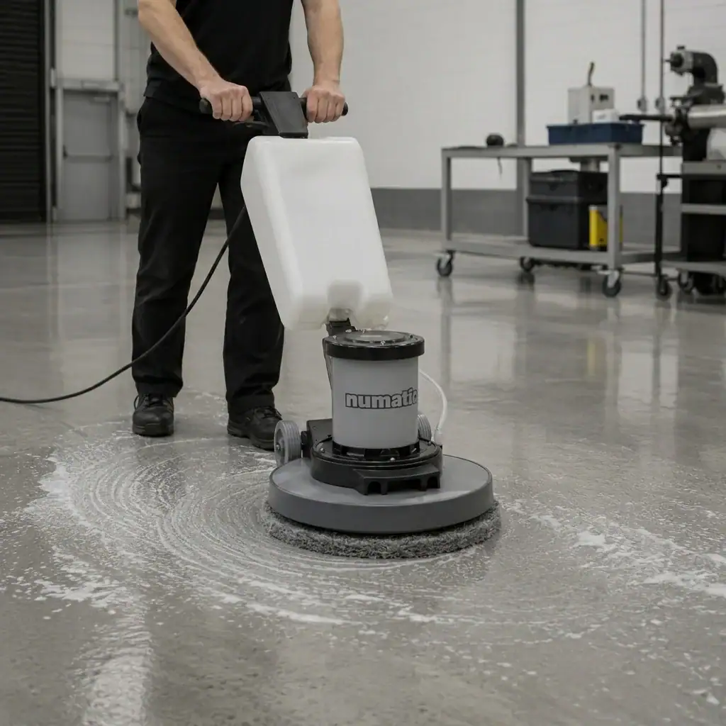 Rotary Floor Scrubber and Buffer Hire London | 240V Floor Polisher (RCD Included) 12 Hireload rotary floor scrubber hire being used on commercial carpet in a London office building.