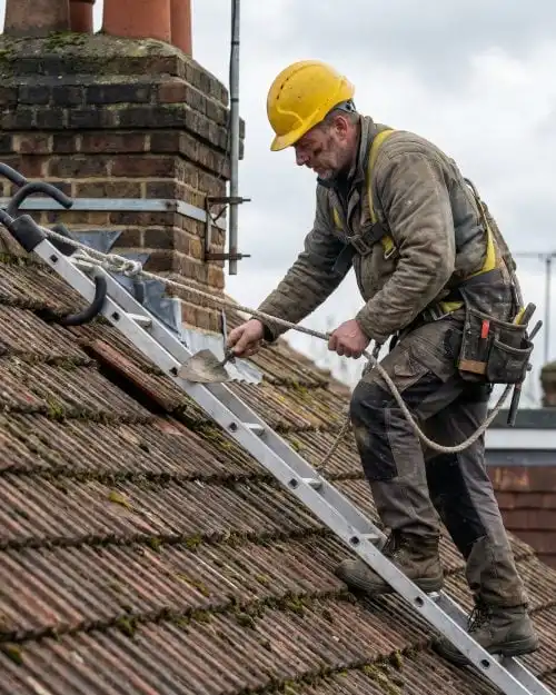 Professional ladder access equipment used safely on a commercial site with proper setup and safety measures. - Roof Ladder Hire