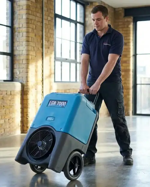 Industrial Dehumidifier Hire London | 230V Building Dryer (95L) 9 LGR 7000 industrial dehumidifier hire London – operative wheeling unit across open commercial floor with brick warehouse backdrop