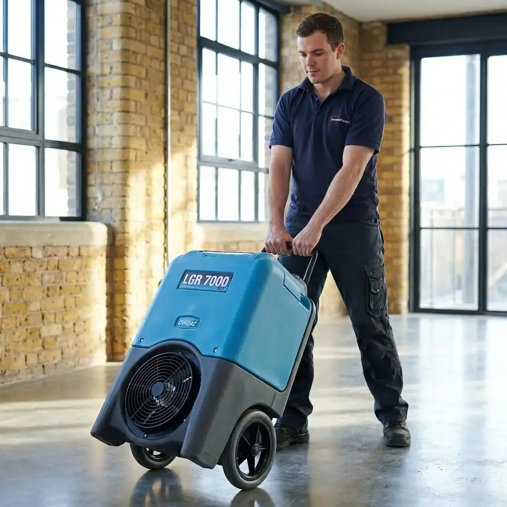 Industrial Dehumidifier Hire London | 230V Building Dryer (95L) 5 LGR 7000 industrial dehumidifier hire London – operative wheeling unit across open commercial floor with brick warehouse backdrop