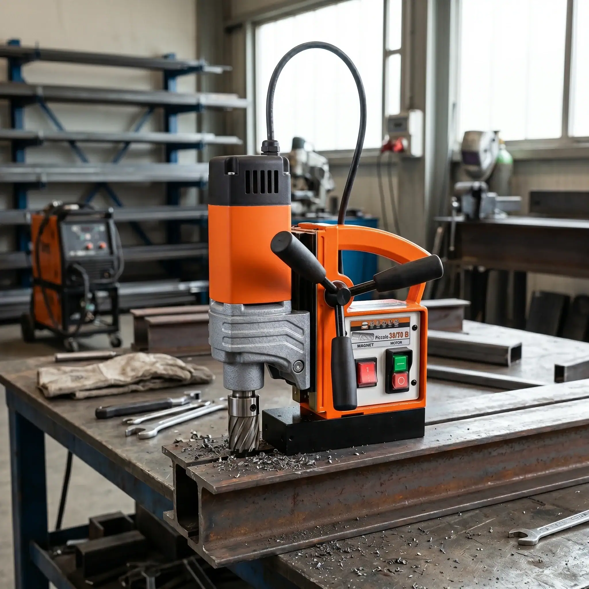 Mag Drill Hire London | Magnetic Drill Hire for Steelwork (Annular Cutters) 1 Rotabroach portable magnetic drill hire with annular cutter and coolant system in Hireload equipment workshop