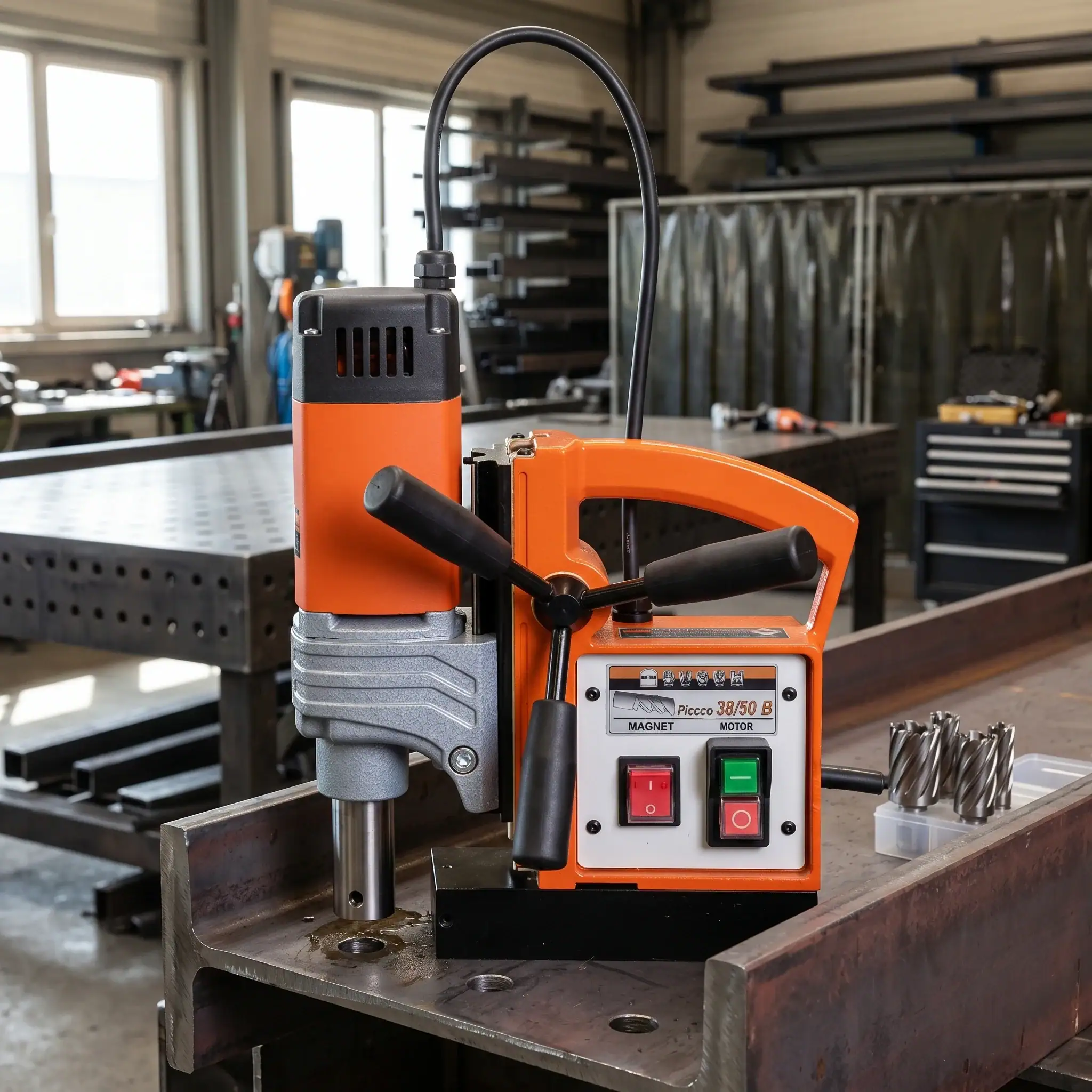 Mag Drill Hire London | Magnetic Drill Hire for Steelwork (Annular Cutters) 2 Rotabroach Piccolo 38/50 B magnetic drill hire in workshop showing magnet and motor controls for steelwork drilling