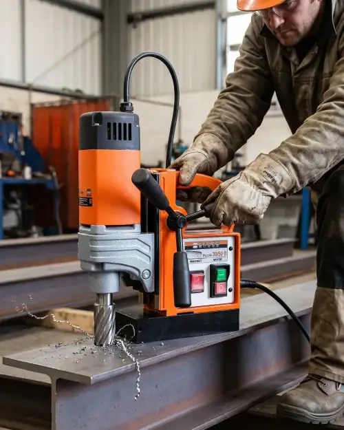 Mag Drill Hire London | Magnetic Drill Hire for Steelwork (Annular Cutters) 8 Worker operating Rotabroach magnetic drill on steel beam in fabrication workshop using annular cutter for precise hole cutting