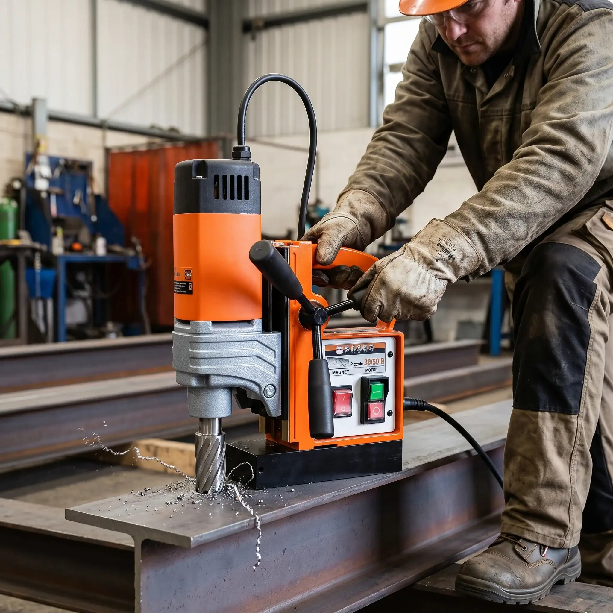 Mag Drill Hire London | Magnetic Drill Hire for Steelwork (Annular Cutters) 3 Worker operating Rotabroach magnetic drill on steel beam in fabrication workshop using annular cutter for precise hole cutting