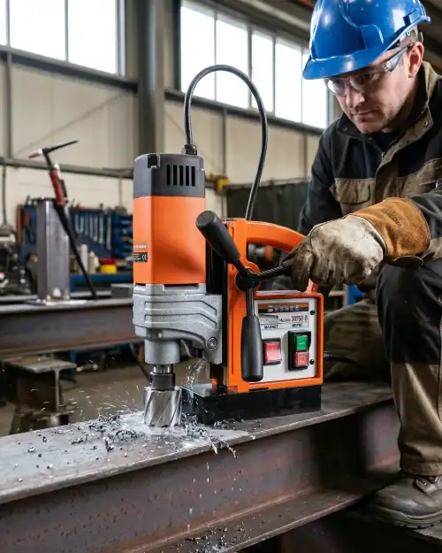 Mag Drill Hire London | Magnetic Drill Hire for Steelwork (Annular Cutters) 9 Steelworker in hard hat using Rotabroach Piccolo mag drill clamped to steel beam for annular cutter hole drilling on site