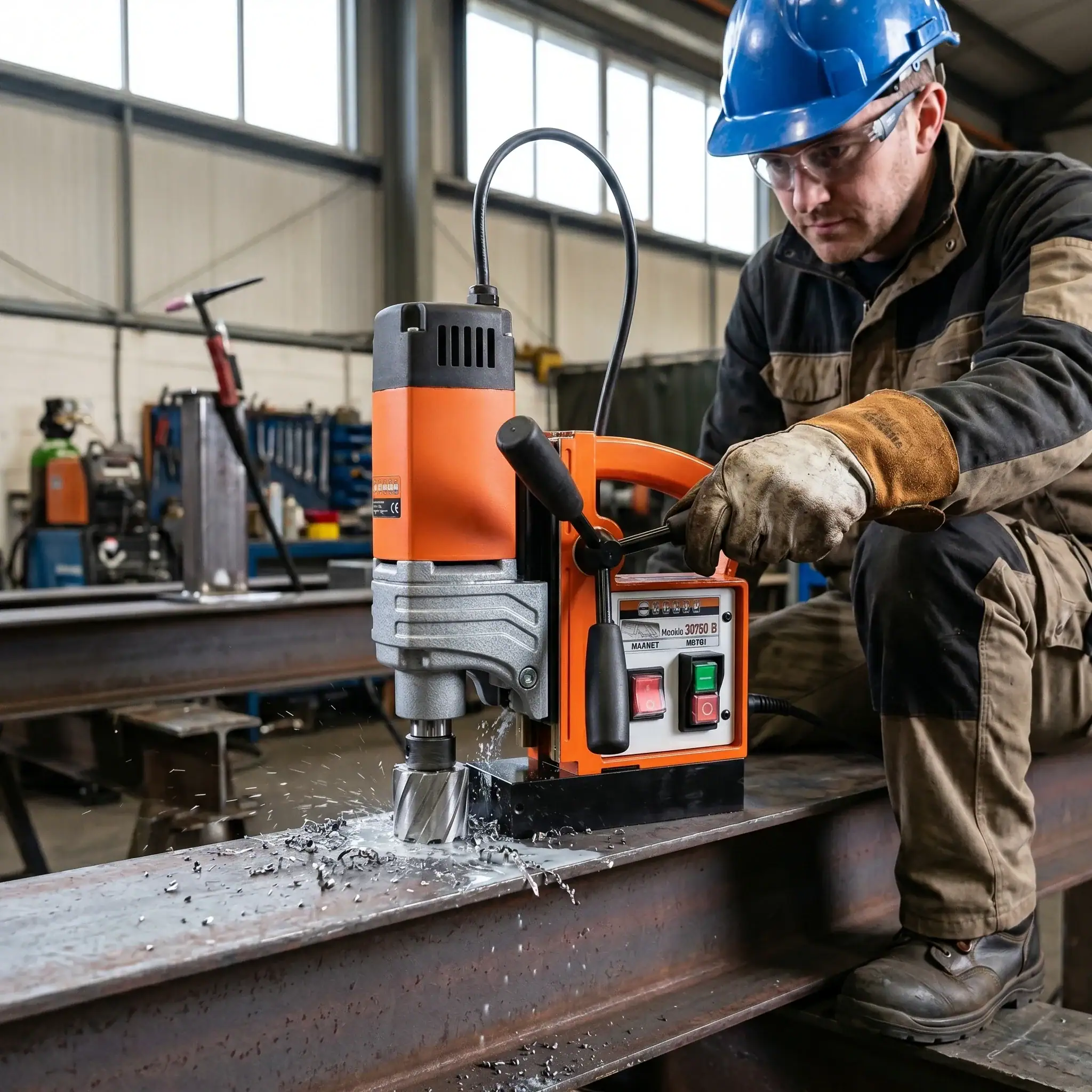 Mag Drill Hire London | Magnetic Drill Hire for Steelwork (Annular Cutters) 4 Steelworker in hard hat using Rotabroach Piccolo mag drill clamped to steel beam for annular cutter hole drilling on site