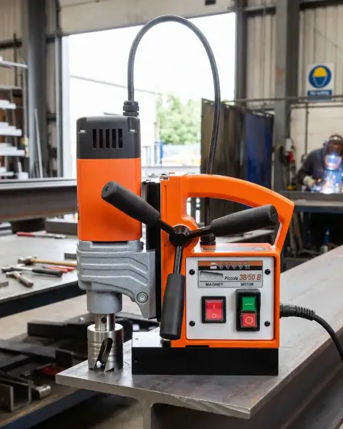 Mag Drill Hire London | Magnetic Drill Hire for Steelwork (Annular Cutters) 10 Rotabroach Piccolo 38/50 B magnetic drill displayed in structural steel workshop ready for bolt hole drilling on beams