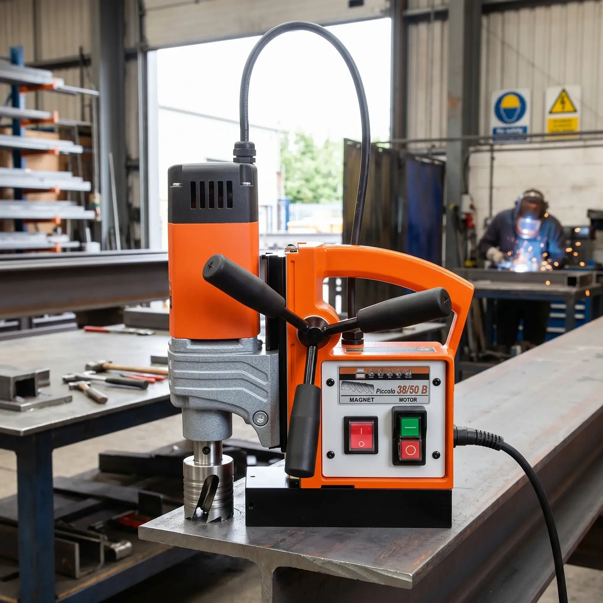 Mag Drill Hire London | Magnetic Drill Hire for Steelwork (Annular Cutters) 5 Rotabroach Piccolo 38/50 B magnetic drill displayed in structural steel workshop ready for bolt hole drilling on beams