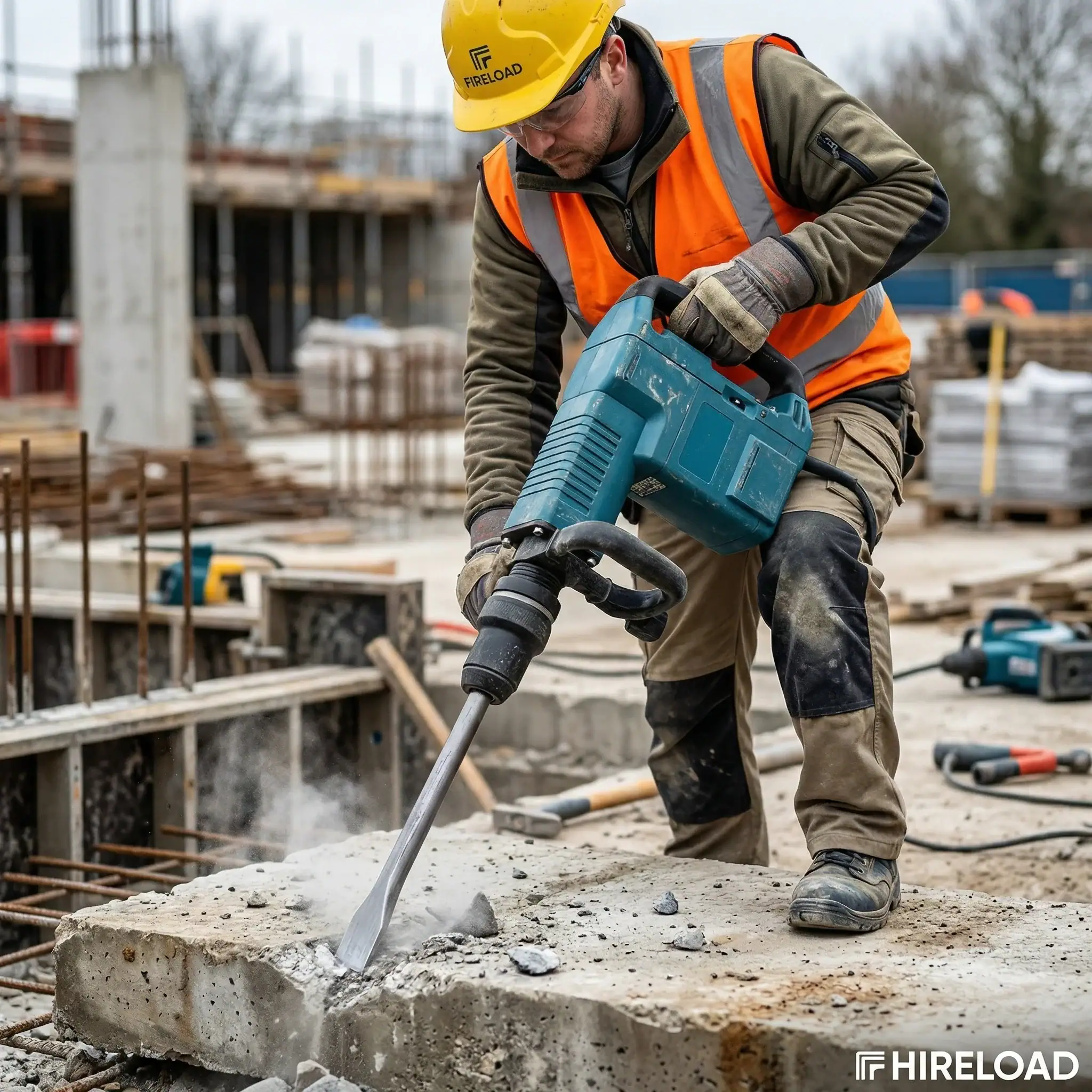 Medium Duty Breaker Hire London | SDS Max Demolition Hammer (11kg Class) 2 Worker in hi-vis breaking concrete with Bosch SDS Max medium duty demolition hammer on London construction site