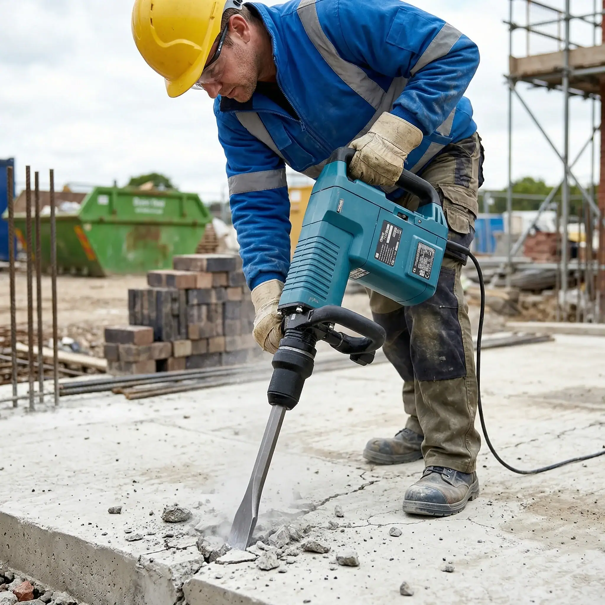 Medium Duty Breaker Hire London | SDS Max Demolition Hammer (11kg Class) 3 Construction worker in blue overalls using 11kg SDS Max demolition hammer to break up concrete on building site