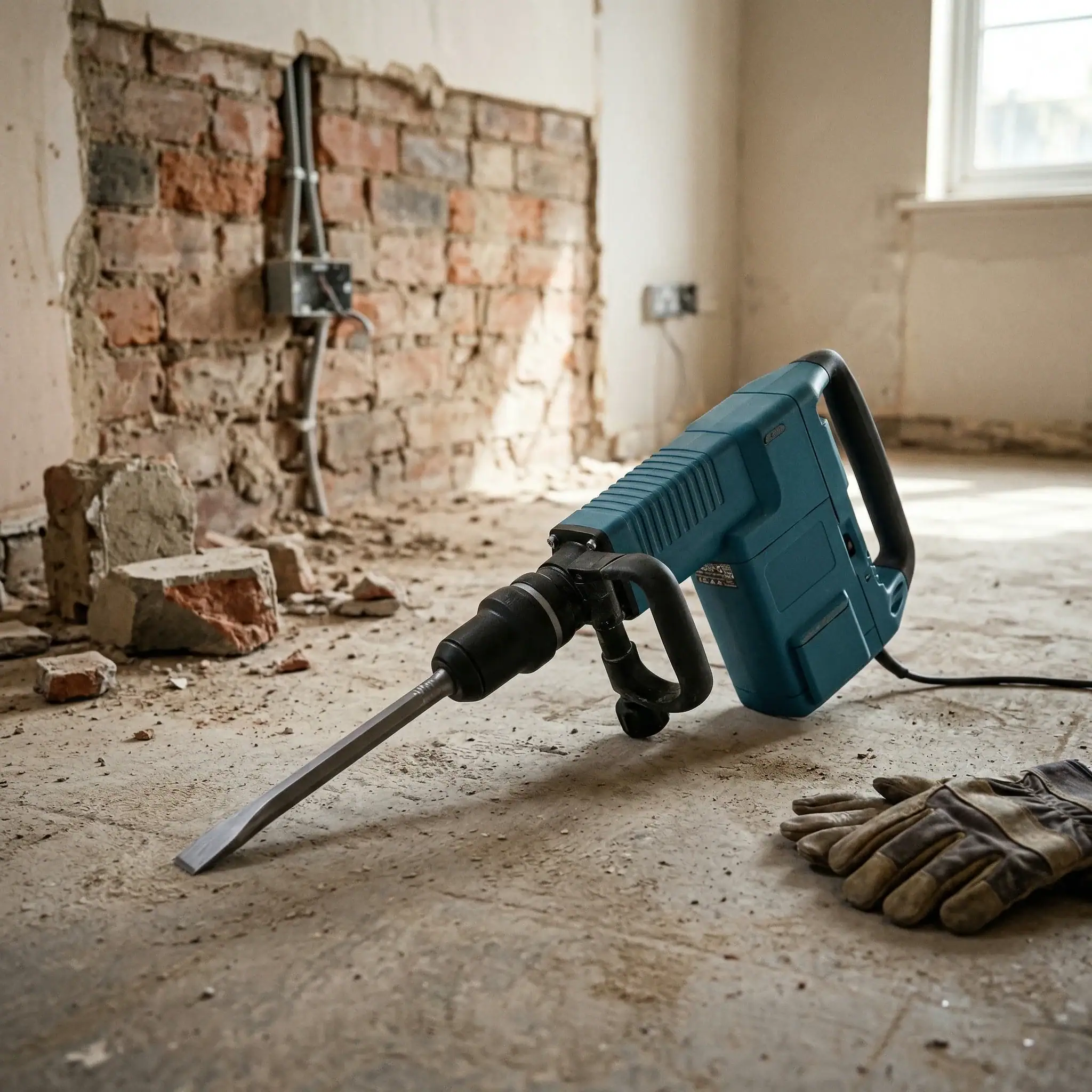 Medium Duty Breaker Hire London | SDS Max Demolition Hammer (11kg Class) 4 Bosch SDS Max medium duty breaker on concrete floor during interior demolition with exposed brickwork and rubble