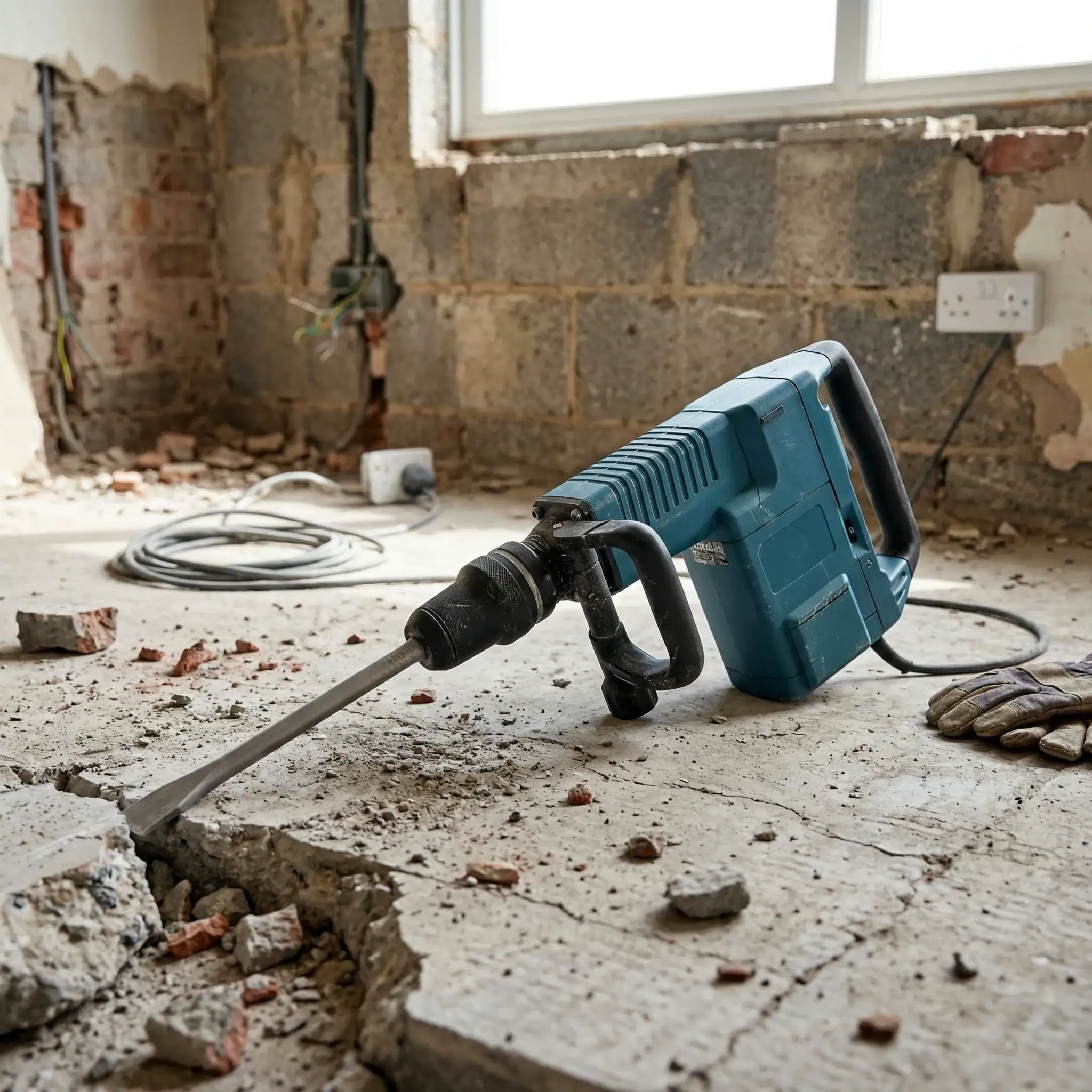 Medium Duty Breaker Hire London | SDS Max Demolition Hammer (11kg Class) 5 Bosch SDS Max demolition hammer with heavy duty flat chisel on rubble floor during interior strip-out and demolition work