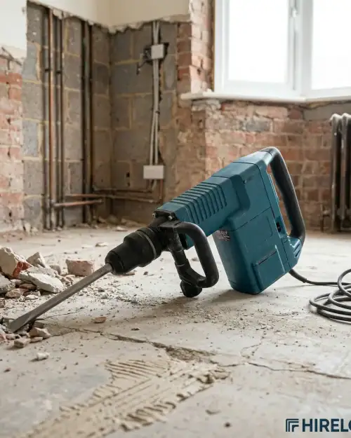Medium Duty Breaker Hire London | SDS Max Demolition Hammer (11kg Class) 14 SDS Max medium duty breaker in use during indoor renovation demolition with broken masonry and stripped walls visible