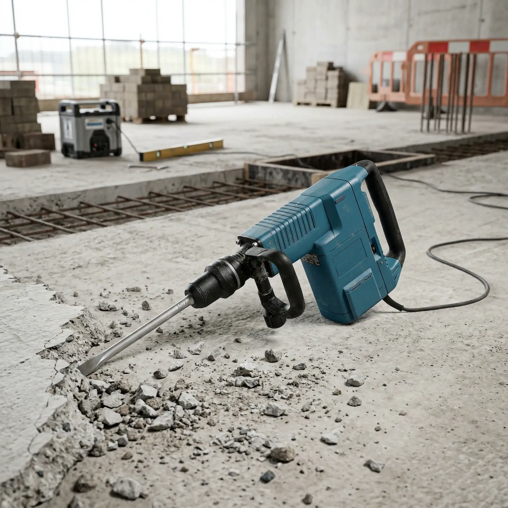 Medium Duty Breaker Hire London | SDS Max Demolition Hammer (11kg Class) 7 Bosch 11kg SDS Max demolition hammer product view with chisel bit on construction floor ready for medium duty breaking