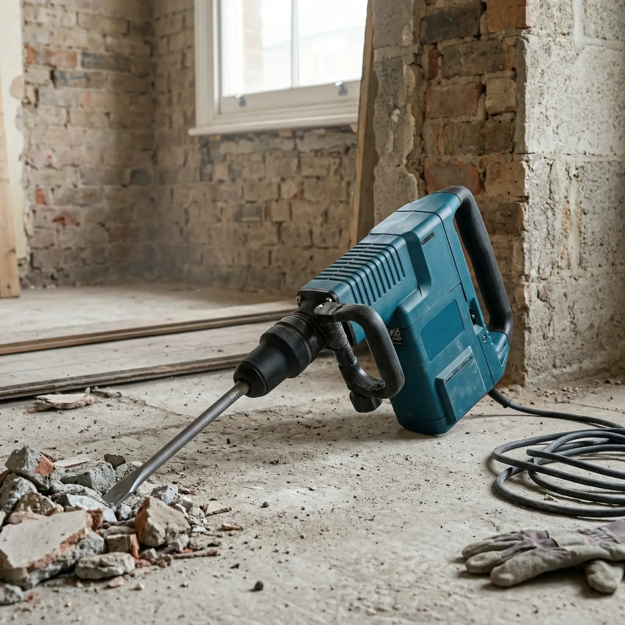 Medium Duty Breaker Hire London | SDS Max Demolition Hammer (11kg Class) 8 Bosch medium duty breaker hire on rubble-covered floor during London property renovation and concrete removal work