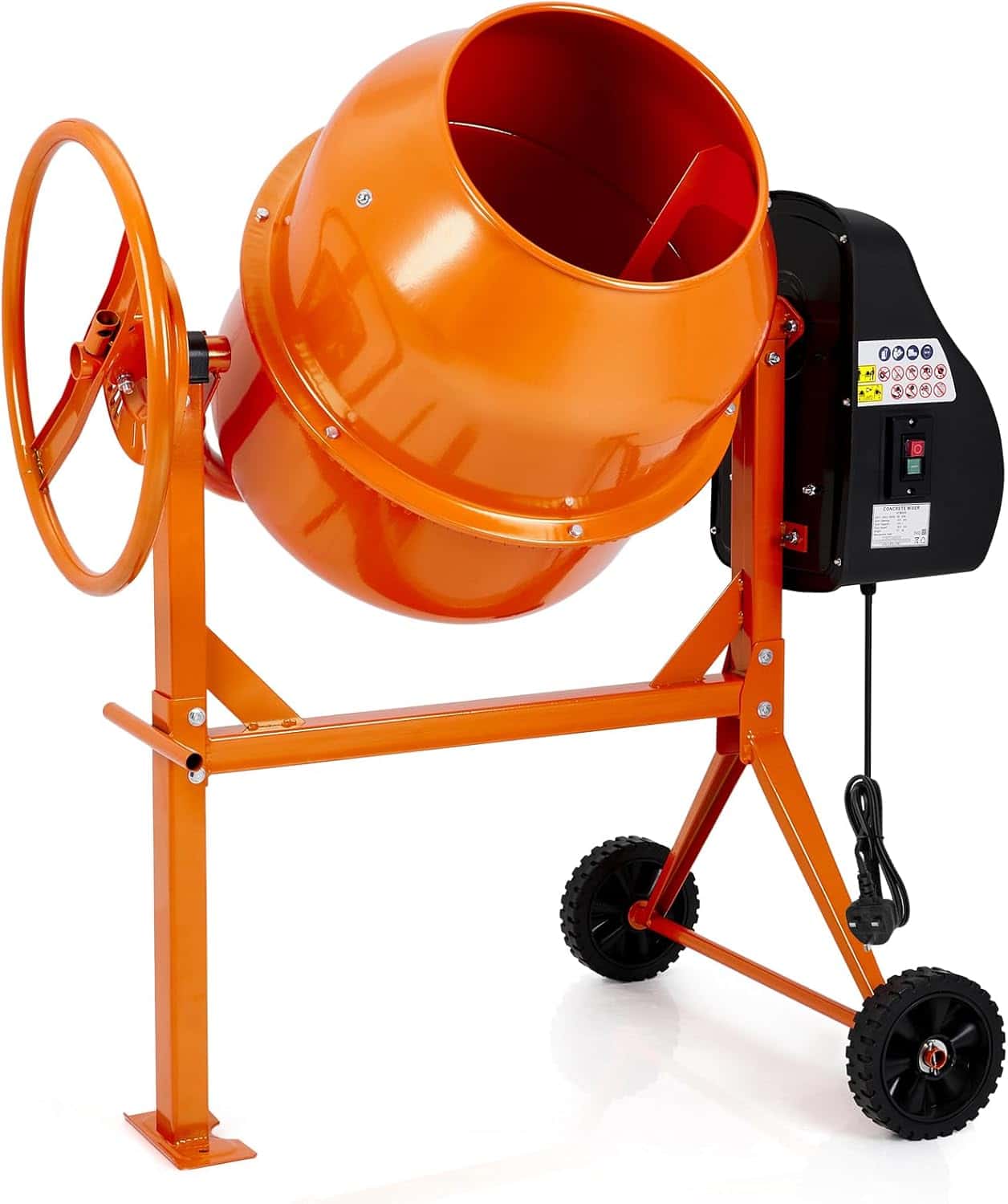 Concrete and Cement Mixer Hire London | 4/3 Petrol Heavy Duty Site Mixer 2 Side view of an orange stand-mounted electric cement mixer with 140L drum and black motor housing