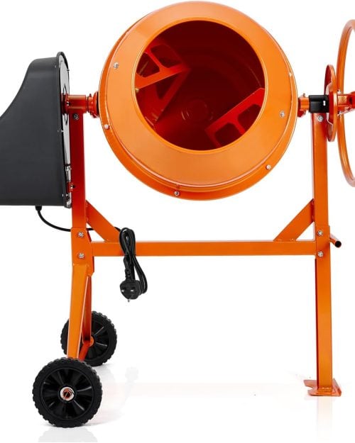 Concrete and Cement Mixer Hire London | 4/3 Petrol Heavy Duty Site Mixer 7 Construction worker in PPE using a large orange electric cement mixer with handwheel on a sandy jobsite