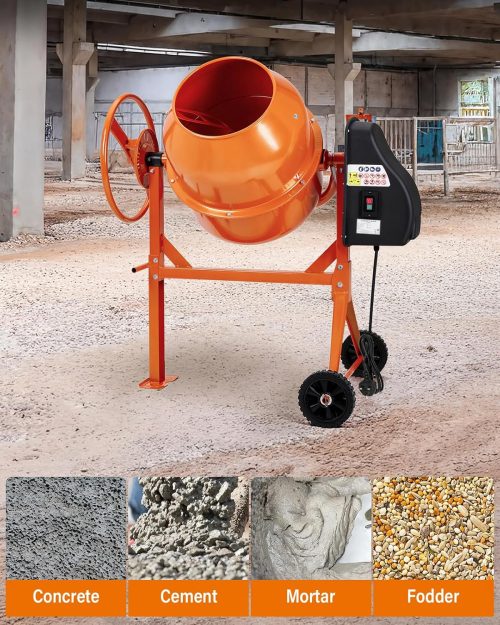 Concrete and Cement Mixer Hire London | 4/3 Petrol Heavy Duty Site Mixer 6 Orange electric cement mixer on stand working on an open construction site with tower cranes in the background