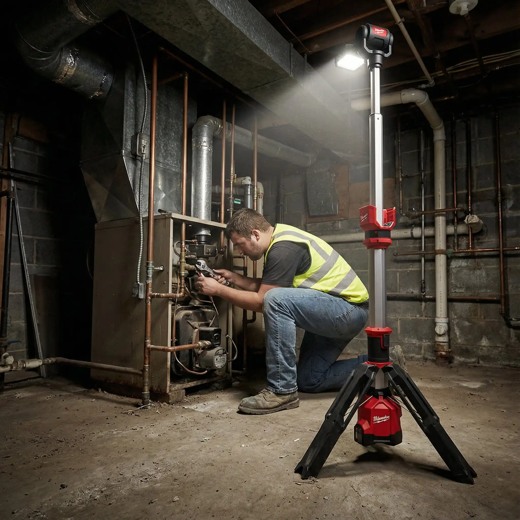 LED Tripod Work Light Hire London | Milwaukee Single-Head Site Light 1 Technician using Milwaukee M12 cordless tripod stand light while servicing boiler in dark basement - LED Tripod Site Work Light