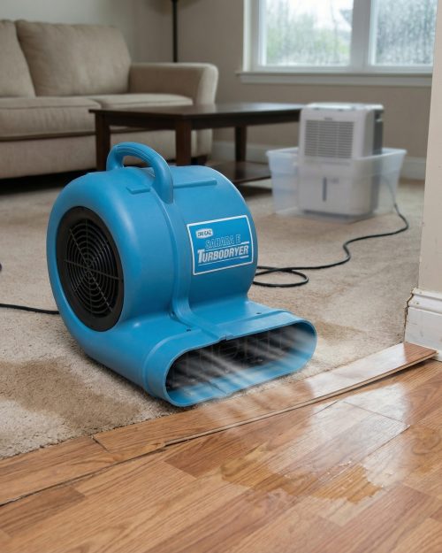 Dri-Eaz Sahara carpet dryer air mover hire drying a living room floor after a domestic flood