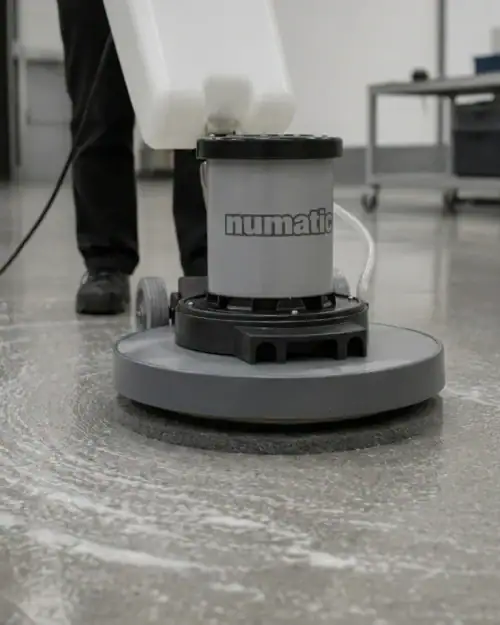 Rotary Floor Scrubber and Buffer Hire London | 240V Floor Polisher (RCD Included) 27 Hireload rotary floor scrubber hire being used on commercial carpet in a London office building.