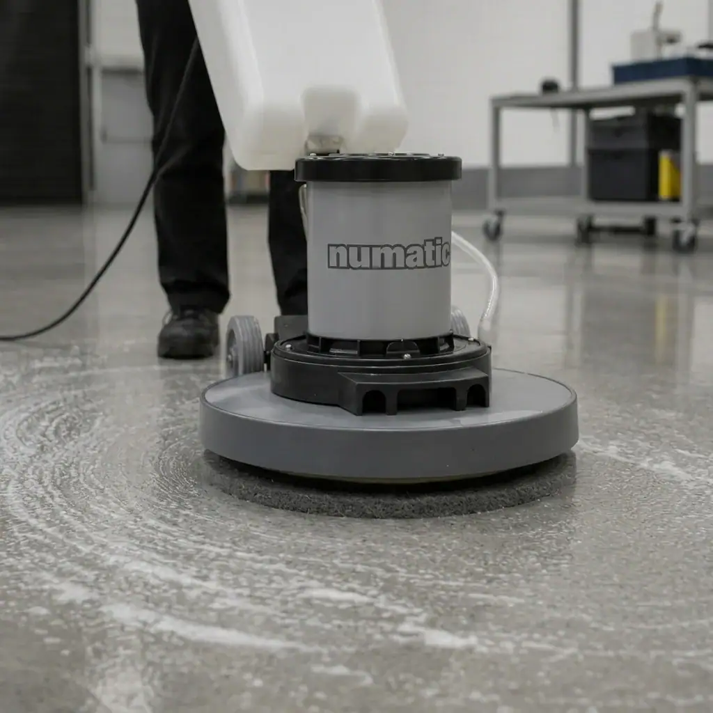 Rotary Floor Scrubber and Buffer Hire London | 240V Floor Polisher (RCD Included) 13 Hireload rotary floor scrubber hire being used on commercial carpet in a London office building.