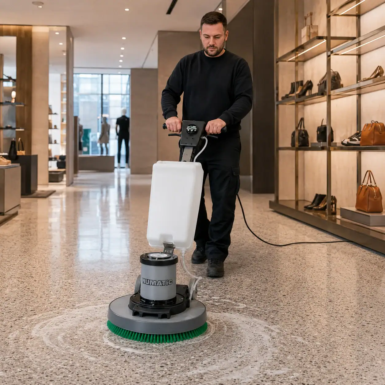 Rotary Floor Scrubber and Buffer Hire London | 240V Floor Polisher (RCD Included) 14 Hireload rotary floor scrubber hire being used on commercial carpet in a London office building.