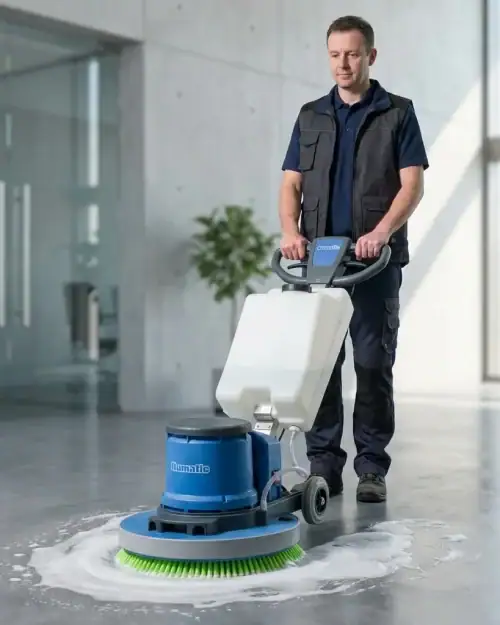 Rotary Floor Scrubber and Buffer Hire London | 240V Floor Polisher (RCD Included) 17 Man using rotary floor scrubber hire on polished concrete floor in a modern London office with cleaning solution foam