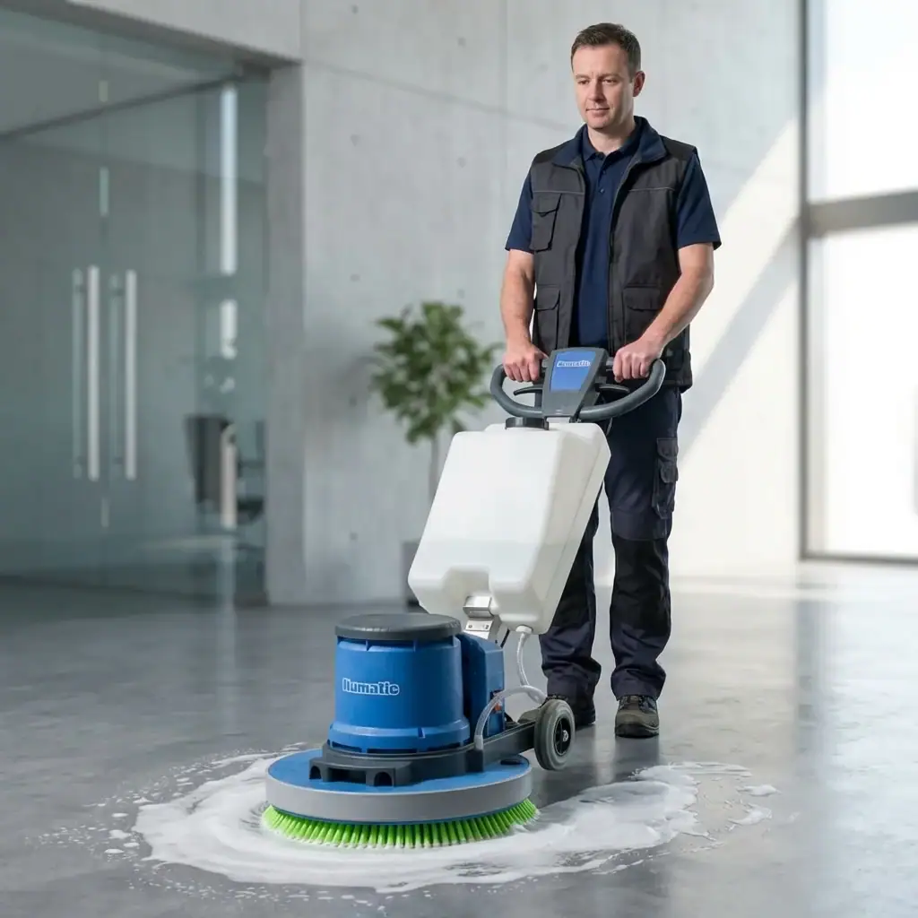Rotary Floor Scrubber and Buffer Hire London | 240V Floor Polisher (RCD Included) 3 Man using rotary floor scrubber hire on polished concrete floor in a modern London office with cleaning solution foam