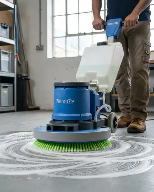 Hireload rotary floor scrubber hire being used on commercial carpet in a London office building.