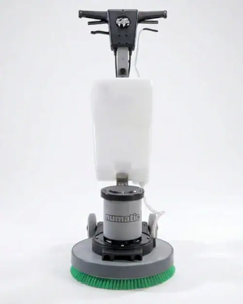 Numatic rotary floor scrubber and buffer hire London – 240V floor polishing machine with green brush.