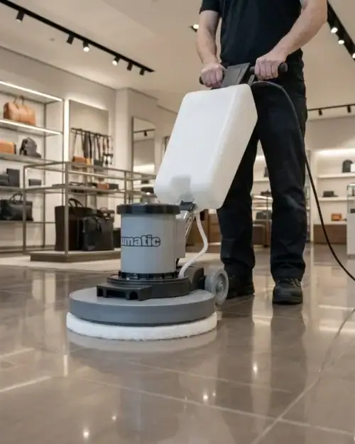Rotary Floor Scrubber and Buffer Hire London | 240V Floor Polisher (RCD Included) 29 Hireload rotary floor scrubber hire being used on commercial carpet in a London office building.