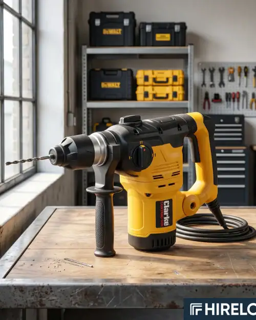 DeWalt SDS Plus rotary hammer drill on workshop bench with side handle attached ready for concrete and masonry drilling