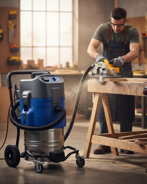 Wet & Dry Industrial Vacuum Hire London | Site Water Vac and Dust Extractor 6 Worker using wet and dry industrial vacuum for dust extraction in a woodworking workshop