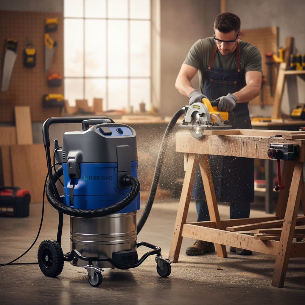 Wet & Dry Industrial Vacuum Hire London | Site Water Vac and Dust Extractor 3 Worker using wet and dry industrial vacuum for dust extraction in a woodworking workshop