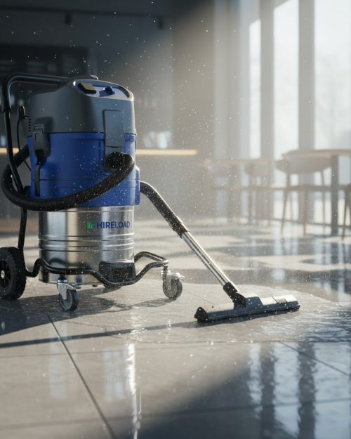 Industrial wet and dry vacuum cleaner hire for dust extraction and site cleanup on polished floor