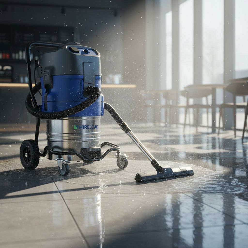 Wet & Dry Industrial Vacuum Hire London | Site Water Vac and Dust Extractor 2 Industrial wet and dry vacuum cleaner hire for dust extraction and site cleanup on polished floor