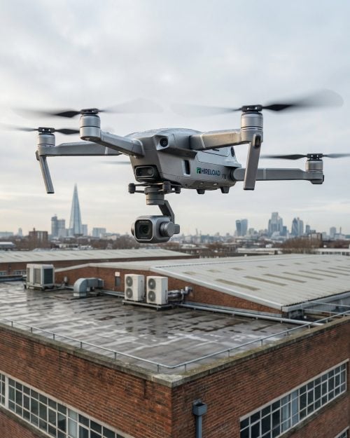 High-capacity cleaning drone performing commercial roof cleaning on a large building in London, connected to a ground-based pump system by Hireload. - Drone Surveying & Mapping | Accurate Reliable Site Data & Deliverables