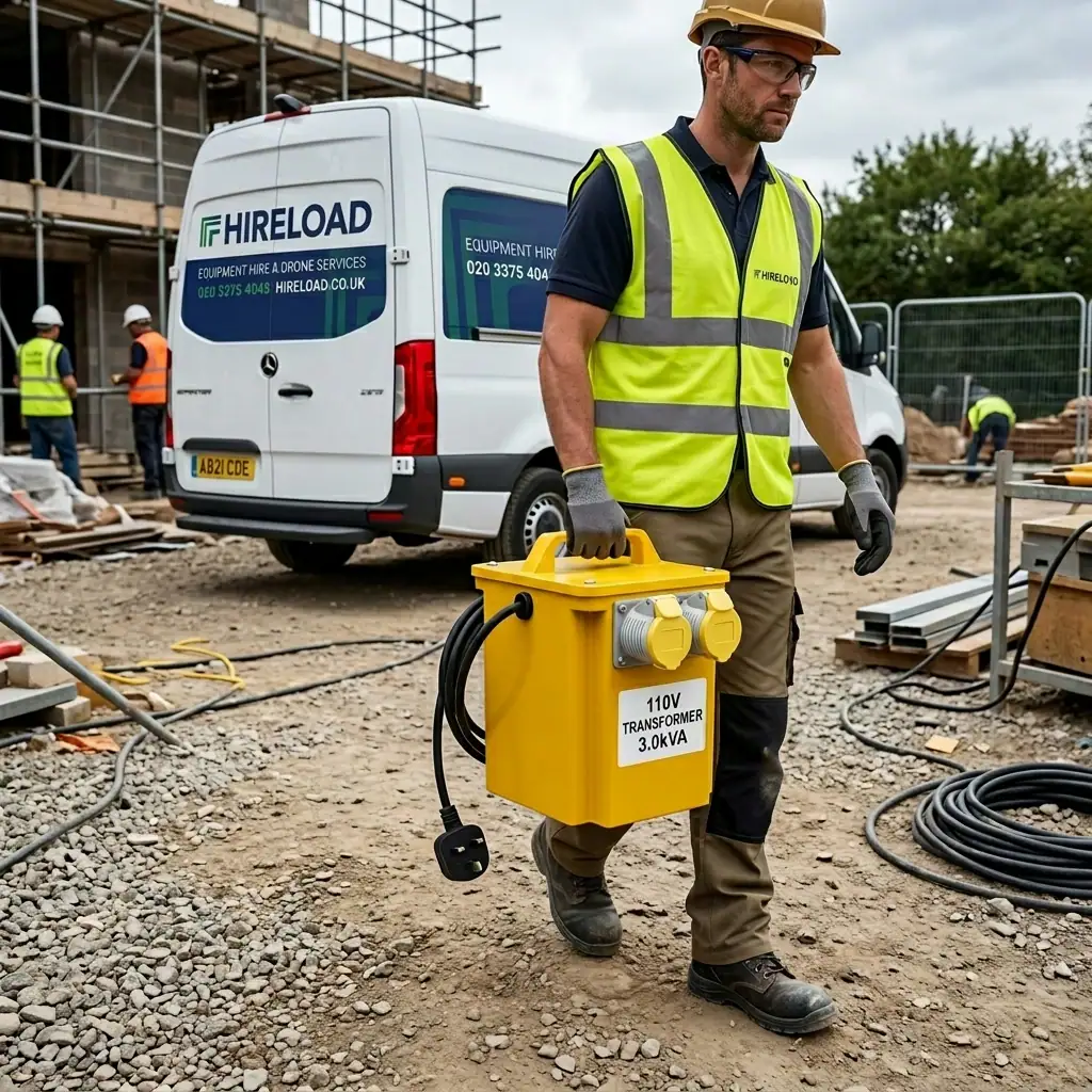 3kVA 110V Site Transformer Hire London 12 Hireload equipment hire van delivering 3kVA 110V transformer to worker on London construction site