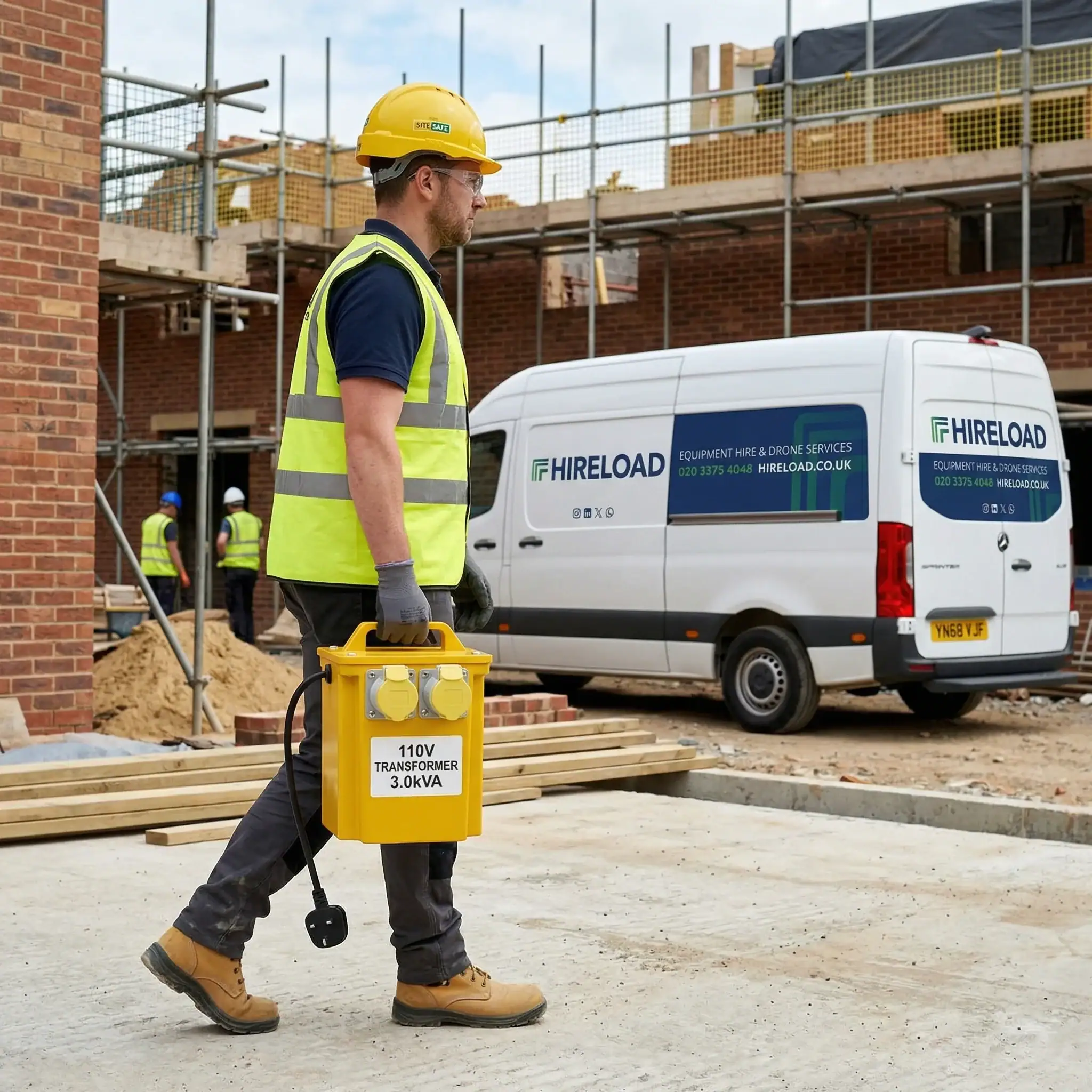3kVA 110V Site Transformer Hire London 3 Hireload delivery van dropping off 3kVA 110V site transformer to construction worker on site