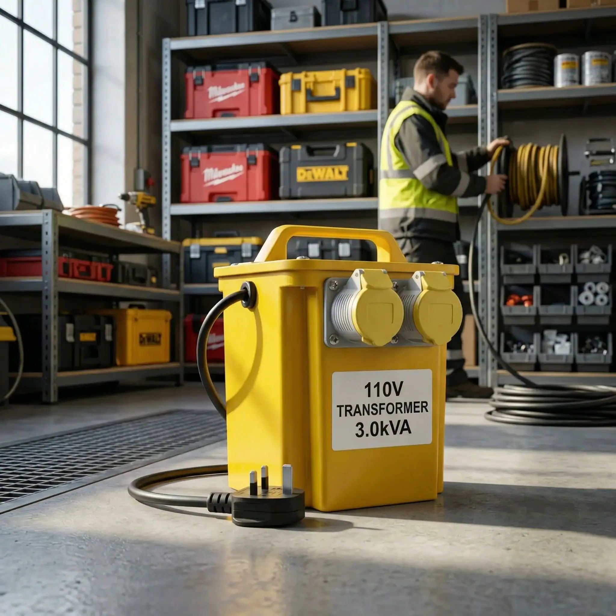 3kVA 110V Site Transformer Hire London 1 Yellow 3kVA 110V site transformer in workshop with power tool cases and equipment behind