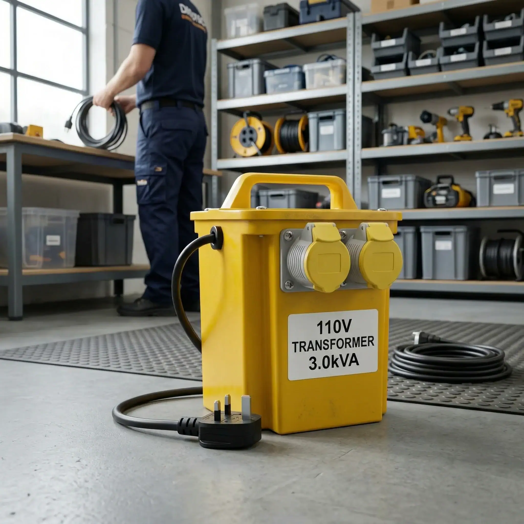 3kVA 110V Site Transformer Hire London 5 3kVA 110V site transformer on workshop bench with DeWalt power tools and equipment behind