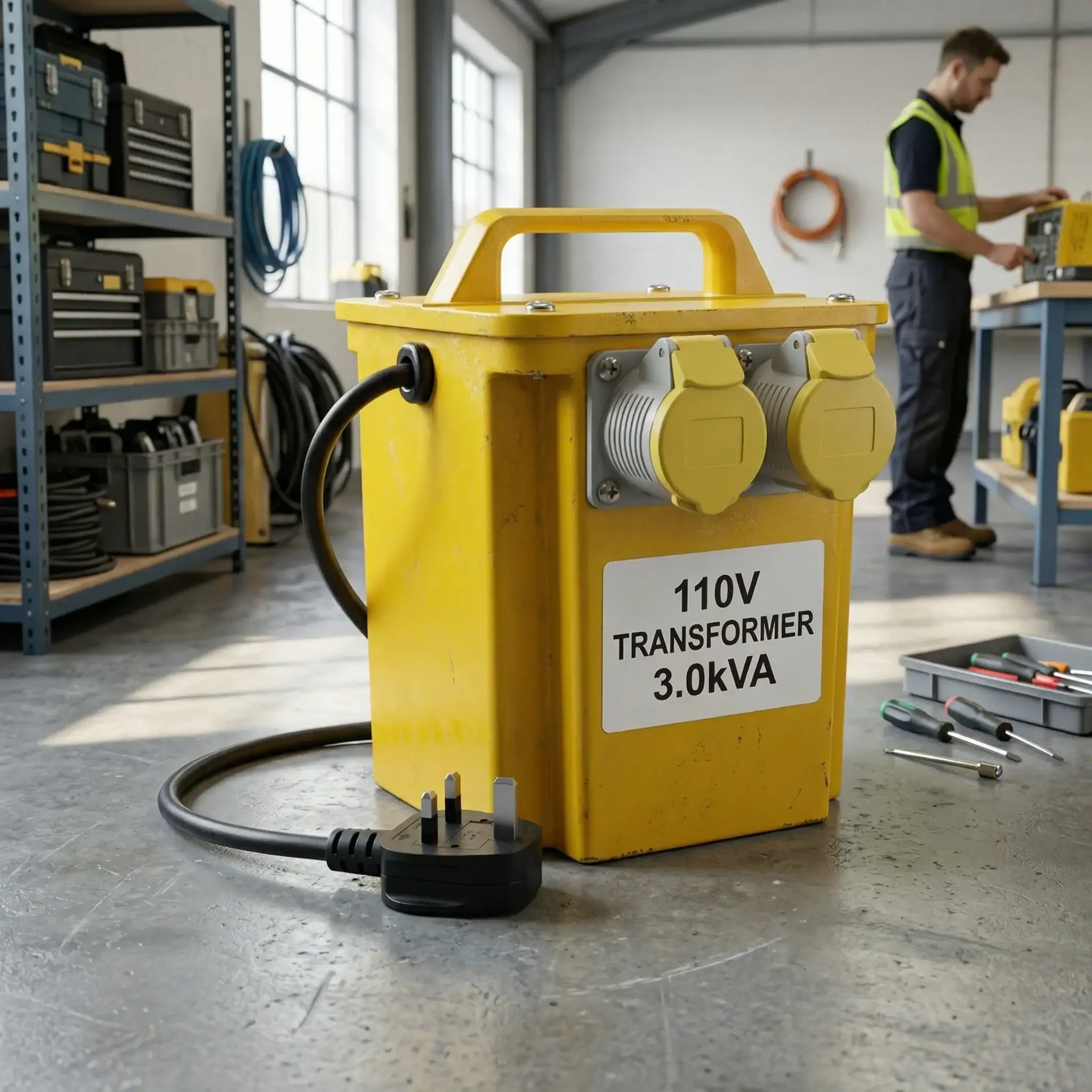 3kVA 110V Site Transformer Hire London 6 Close-up of 3kVA 110V transformer showing rating label and 16A output sockets in workshop