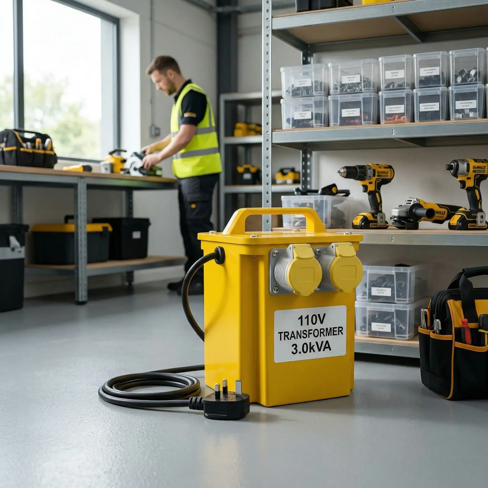 3kVA 110V Site Transformer Hire London 7 Worker selecting power tools from storage shelves with 3kVA site transformer ready for use