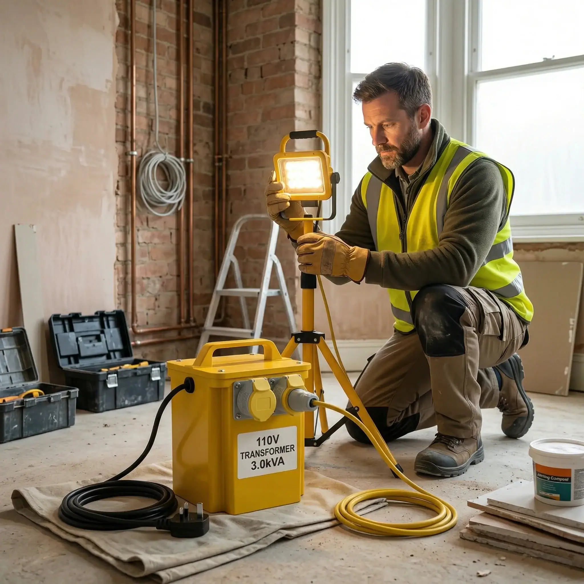 3kVA 110V Site Transformer Hire London 8 Worker holding LED site light powered by 3kVA transformer during indoor renovation project
