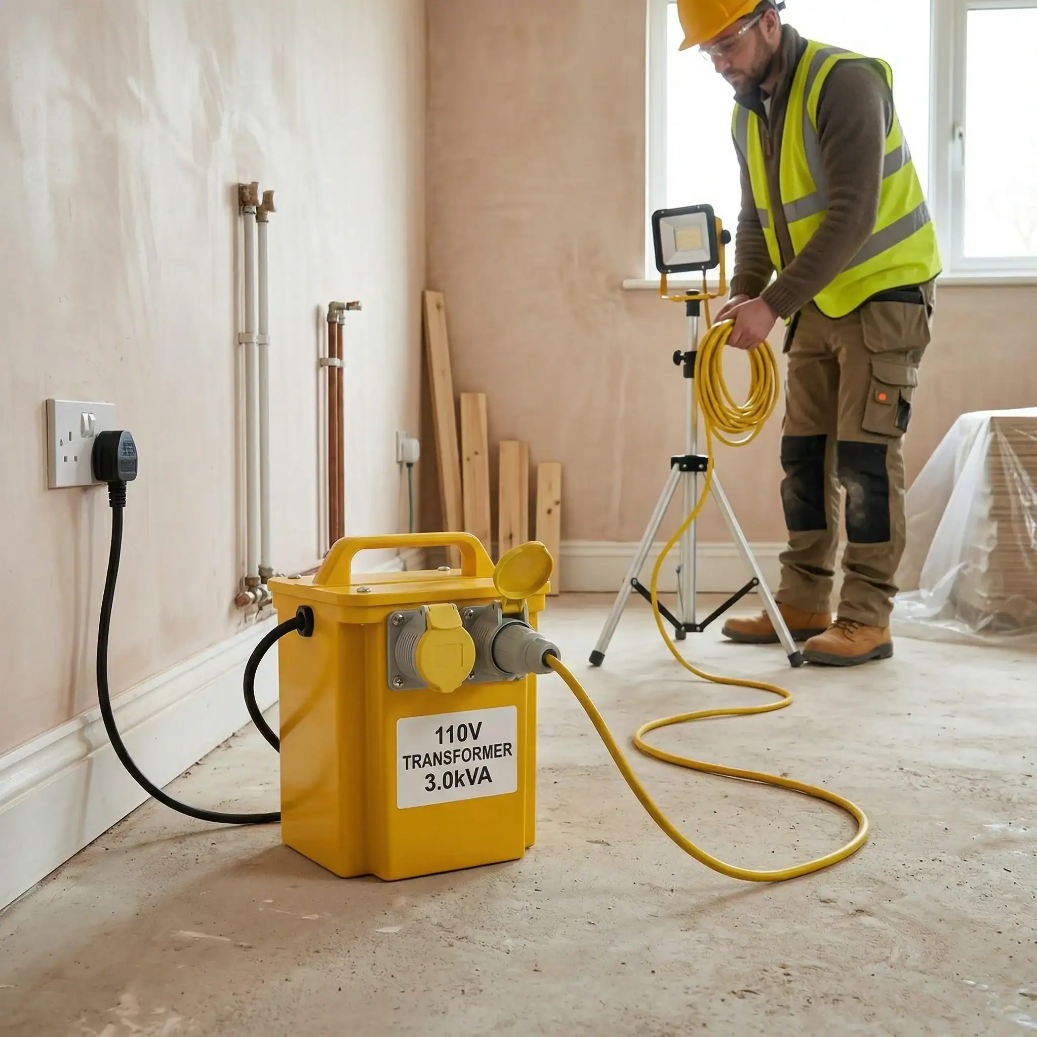 3kVA 110V Site Transformer Hire London 9 Construction worker plugging 3kVA 110V transformer into mains socket in room under renovation