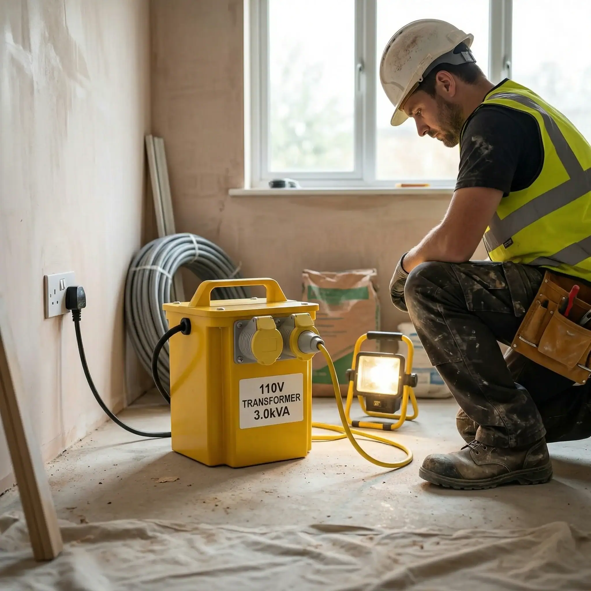 3kVA 110V Site Transformer Hire London 10 Tradesman using 110V power tool connected to 3kVA site transformer during home renovation
