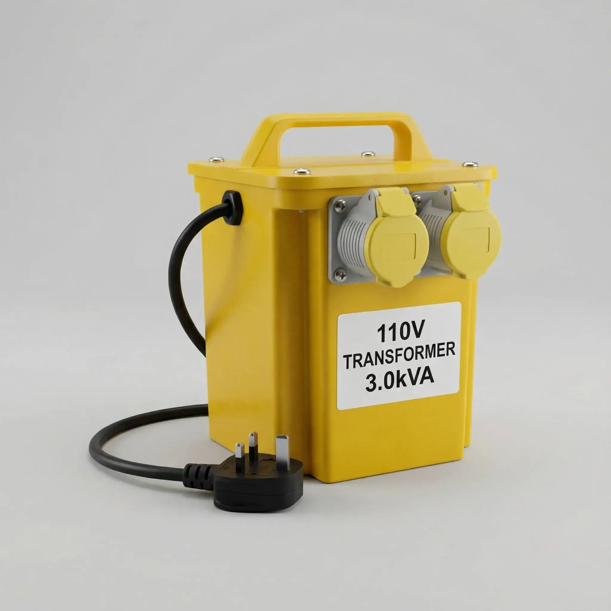 3kVA 110V Site Transformer Hire London 2 3kVA 110V site transformer product shot showing yellow casing with carry handle and output sockets